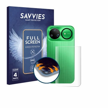 Face avant d’un emballage produit avec le logo de la marque Savvies. À côté, l’appareil Huawei Nova 15 Ultra (Arrière) est rep