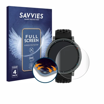 Face avant d’un emballage produit avec le logo de la marque Savvies. À côté, l’appareil Amazfit Active Max est représenté avec
