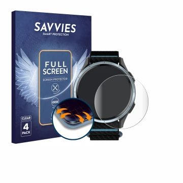 Face avant d’un emballage produit avec le logo de la marque Savvies. À côté, l’appareil Garmin Approach J1 est représenté avec