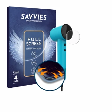 Face avant d’un emballage produit avec le logo de la marque Savvies. À côté, l’appareil Cecotec DryNova est représenté avec la