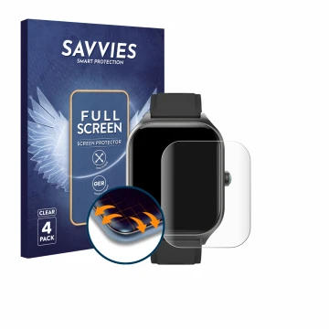 Face avant d’un emballage produit avec le logo de la marque Savvies. À côté, l’appareil FORRLITE Smartwatch 2.01