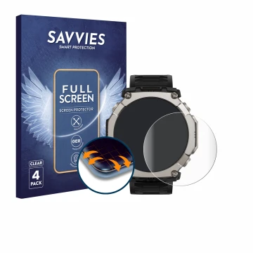 Face avant d’un emballage produit avec le logo de la marque Savvies. À côté, l’appareil Huami Amazfit T-Rex Ultra 2 est représ