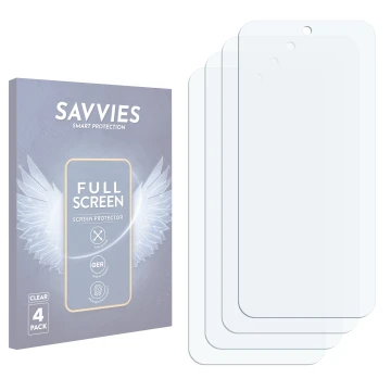 Face avant d’un emballage produit avec le logo de la marque Savvies. À côté se trouve la protection d’écran correspondante.
