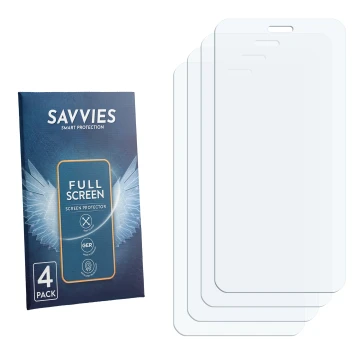 Face avant d’un emballage produit avec le logo de la marque Savvies. À côté se trouve la protection d’écran correspondante.