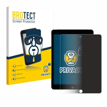 Face avant d’un emballage produit avec le logo de la marque BROTECT. À côté, l’appareil Apple iPad Air 2 2014 est représenté a