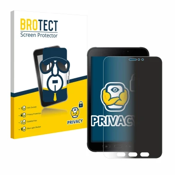 Face avant d’un emballage produit avec le logo de la marque BROTECT. À côté, l’appareil Samsung Galaxy Tab Active 2 est représ