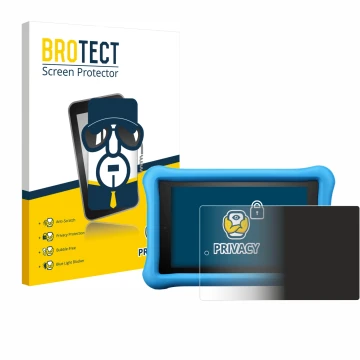 Face avant d’un emballage produit avec le logo de la marque BROTECT. À côté, l’appareil Amazon Fire HD 8 Kids Edition 2018 (8è