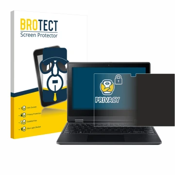 Face avant d’un emballage produit avec le logo de la marque BROTECT. À côté, l’appareil Acer TravelMate Spin B3 est représenté