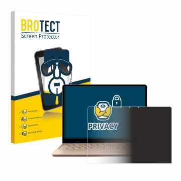 Face avant d’un emballage produit avec le logo de la marque BROTECT. À côté, l’appareil Microsoft Surface Laptop Go 2 Business