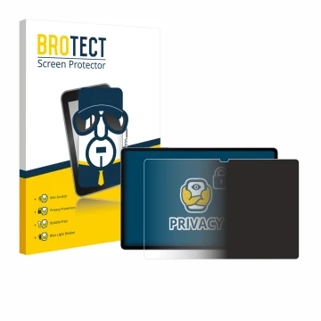 Face avant d’un emballage produit avec le logo de la marque BROTECT. À côté, l’appareil Samsung Galaxy Tab S10 Plus 5G est rep