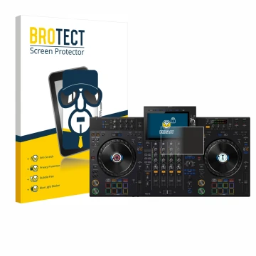 Face avant d’un emballage produit avec le logo de la marque BROTECT. À côté, l’appareil AlphaTheta XDJ-AZ est représenté avec 