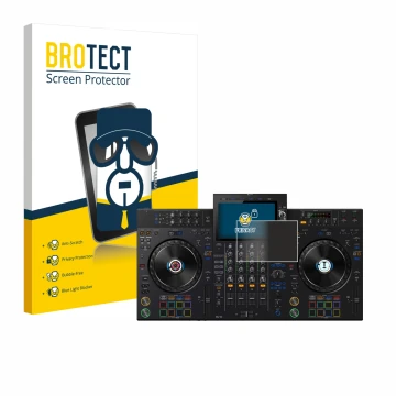 Face avant d’un emballage produit avec le logo de la marque BROTECT. À côté, l’appareil Pioneer XDJ-AZ est représenté avec la 