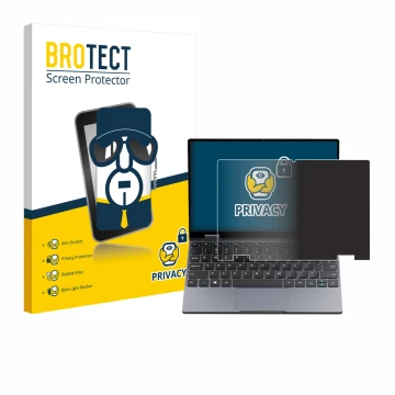 Face avant d’un emballage produit avec le logo de la marque BROTECT. À côté, l’appareil Chuwi MiniBook X N150 est représenté a