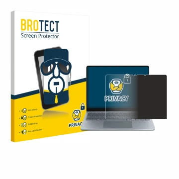 Face avant d’un emballage produit avec le logo de la marque BROTECT. À côté, l’appareil Microsoft Surface Laptop 13