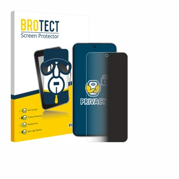 Face avant d’un emballage produit avec le logo de la marque BROTECT. À côté, l’appareil Xiaomi Redmi Note 15 Pro 4G est représ