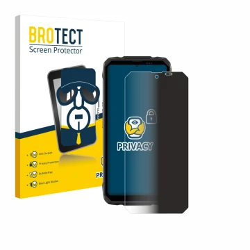 Face avant d’un emballage produit avec le logo de la marque BROTECT. À côté, l’appareil Blackview Rock 1 est représenté avec l