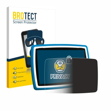 Face avant d’un emballage produit avec le logo de la marque BROTECT. À côté, l’appareil Lisciani Mio Tab 10 Tutor XL est repré