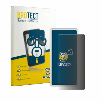 Face avant d’un emballage produit avec le logo de la marque BROTECT. À côté, l’appareil PocketBook Q est représenté avec la pr