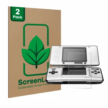 Face avant d’un emballage produit avec le logo de la marque ScreenLeaf. À côté, l’appareil Nintendo DS est représenté avec la 