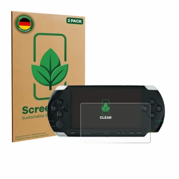 Face avant d’un emballage produit avec le logo de la marque ScreenLeaf. À côté, l’appareil Sony PSP 1000 est représenté avec l