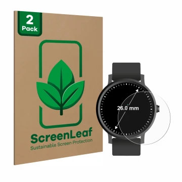 Face avant d’un emballage produit avec le logo de la marque ScreenLeaf. À côté, l’appareil Montres (Circulaire, ø: 26 mm) est 