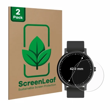 Face avant d’un emballage produit avec le logo de la marque ScreenLeaf. À côté, l’appareil Montres (Circulaire, ø: 42 mm) est 