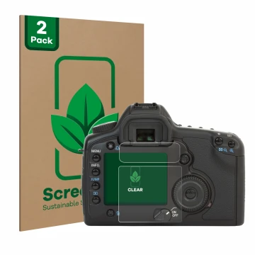 Face avant d’un emballage produit avec le logo de la marque ScreenLeaf. À côté, l’appareil Canon EOS 5D est représenté avec la