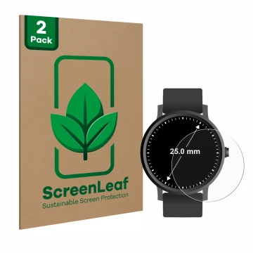 Face avant d’un emballage produit avec le logo de la marque ScreenLeaf. À côté, l’appareil Montres (Circulaire, ø: 25 mm) est 