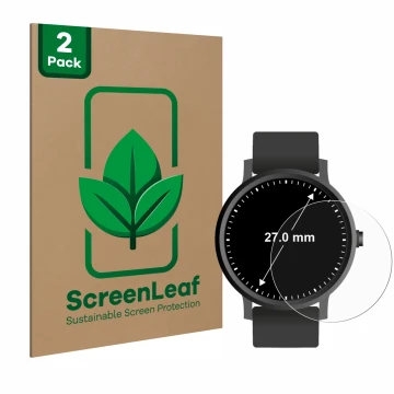Face avant d’un emballage produit avec le logo de la marque ScreenLeaf. À côté, l’appareil Montres (Circulaire, ø: 27 mm) est 