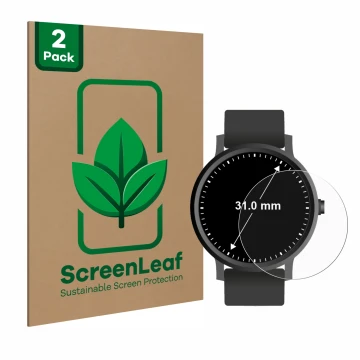 Face avant d’un emballage produit avec le logo de la marque ScreenLeaf. À côté, l’appareil Montres (circulaire, ø: 31 mm) est 