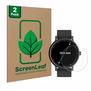 Face avant d’un emballage produit avec le logo de la marque ScreenLeaf. À côté, l’appareil Montres (Circulaire, ø: 35 mm) est 