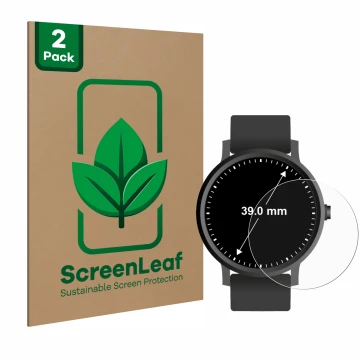 Face avant d’un emballage produit avec le logo de la marque ScreenLeaf. À côté, l’appareil Montres (Circulaire, ø: 39 mm) est 