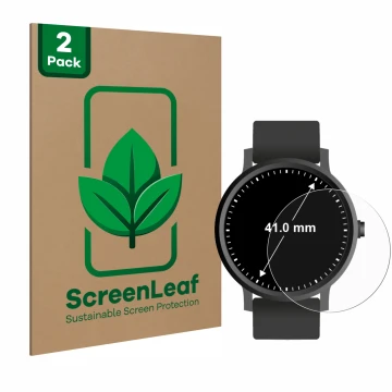 Face avant d’un emballage produit avec le logo de la marque ScreenLeaf. À côté, l’appareil Montres (Circulaire, ø: 41 mm) est 