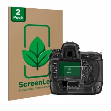 Face avant d’un emballage produit avec le logo de la marque ScreenLeaf. À côté, l’appareil Nikon D3 est représenté avec la pro