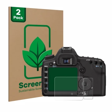 Face avant d’un emballage produit avec le logo de la marque ScreenLeaf. À côté, l’appareil Canon EOS 5D Mark II est représenté