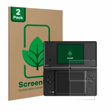 Face avant d’un emballage produit avec le logo de la marque ScreenLeaf. À côté, l’appareil Nintendo DSi est représenté avec la
