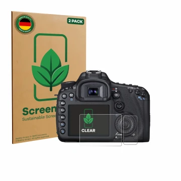 Face avant d’un emballage produit avec le logo de la marque ScreenLeaf. À côté, l’appareil Canon EOS 7D est représenté avec la