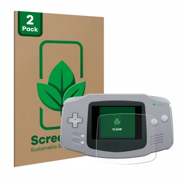 Face avant d’un emballage produit avec le logo de la marque ScreenLeaf. À côté, l’appareil Nintendo Gameboy Advance GBA est re