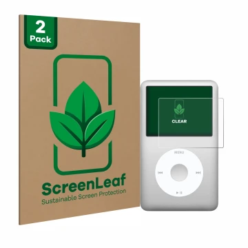 Face avant d’un emballage produit avec le logo de la marque ScreenLeaf. À côté, l’appareil Apple iPod classic 160 GB (7ème Gen