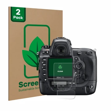Face avant d’un emballage produit avec le logo de la marque ScreenLeaf. À côté, l’appareil Nikon D3S est représenté avec la pr