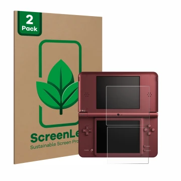 Face avant d’un emballage produit avec le logo de la marque ScreenLeaf. À côté, l’appareil Nintendo DSi XL est représenté avec