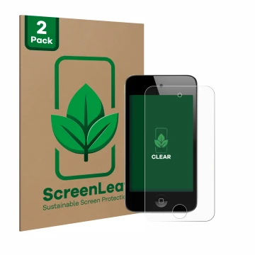 Face avant d’un emballage produit avec le logo de la marque ScreenLeaf. À côté, l’appareil Apple iPod Touch (4ème Gen.) est re