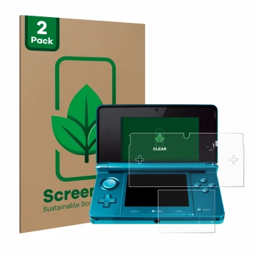 Face avant d’un emballage produit avec le logo de la marque ScreenLeaf. À côté, l’appareil Nintendo 3DS est représenté avec la