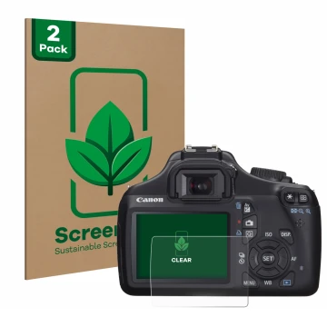 Face avant d’un emballage produit avec le logo de la marque ScreenLeaf. À côté, l’appareil Canon EOS 1100D est représenté avec
