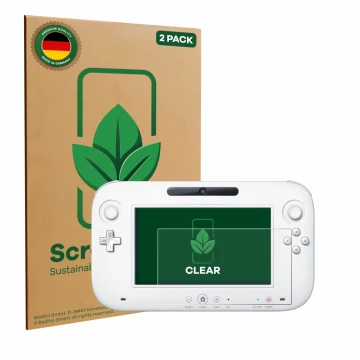 Face avant d’un emballage produit avec le logo de la marque ScreenLeaf. À côté, l’appareil Nintendo Wii U GamePad (Controller)