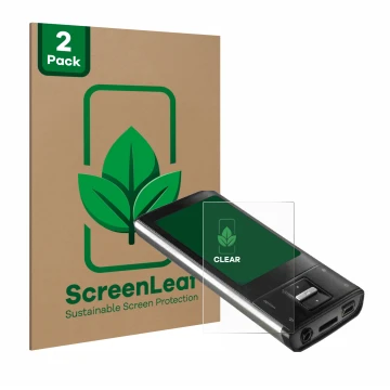 Face avant d’un emballage produit avec le logo de la marque ScreenLeaf. À côté, l’appareil Intenso Video Shooter 2,4