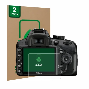 Face avant d’un emballage produit avec le logo de la marque ScreenLeaf. À côté, l’appareil Nikon D3200 est représenté avec la 