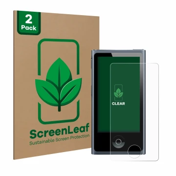 Face avant d’un emballage produit avec le logo de la marque ScreenLeaf. À côté, l’appareil Apple iPod nano 2012 (7ème Gen.) es