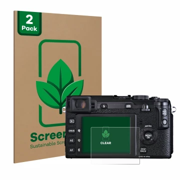 Face avant d’un emballage produit avec le logo de la marque ScreenLeaf. À côté, l’appareil Fujifilm X-E1 est représenté avec l