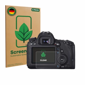 Face avant d’un emballage produit avec le logo de la marque ScreenLeaf. À côté, l’appareil Canon EOS 6D est représenté avec la